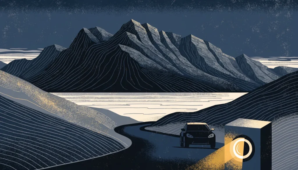Illustrasjon av en elbil på en fjellvei og en hurtiglader i forgrunnen