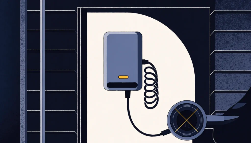 Illustrasjon av en ladeboks på garasjeveggen med ladekabel