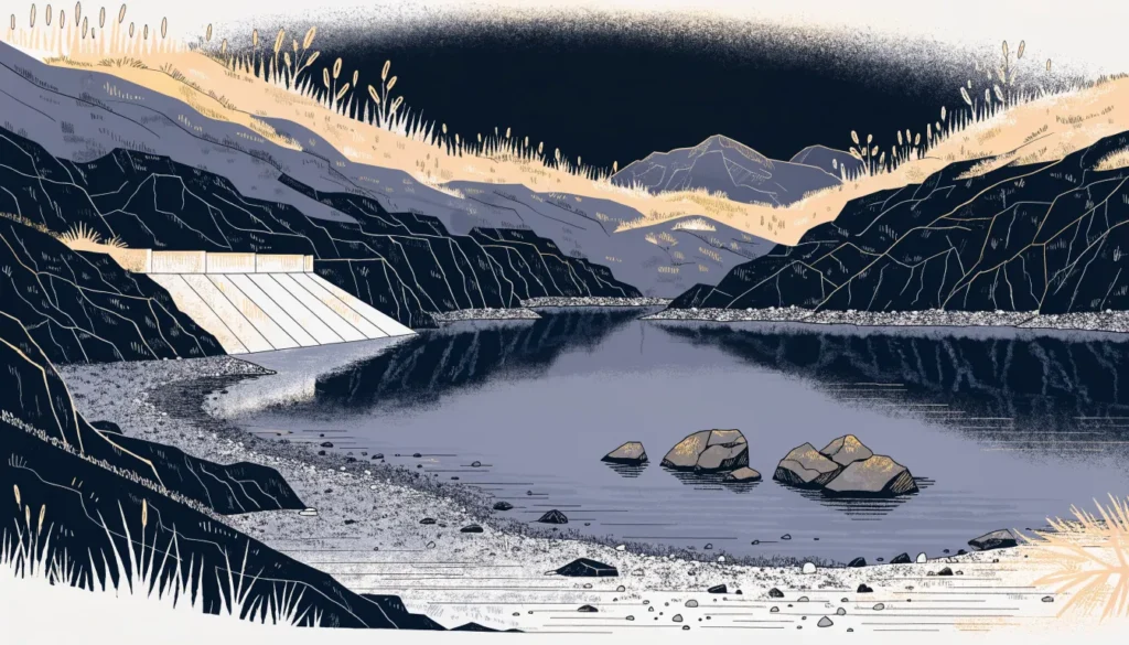 Illustrasjon av et delvis nedtappet vannmagasin i fjellet