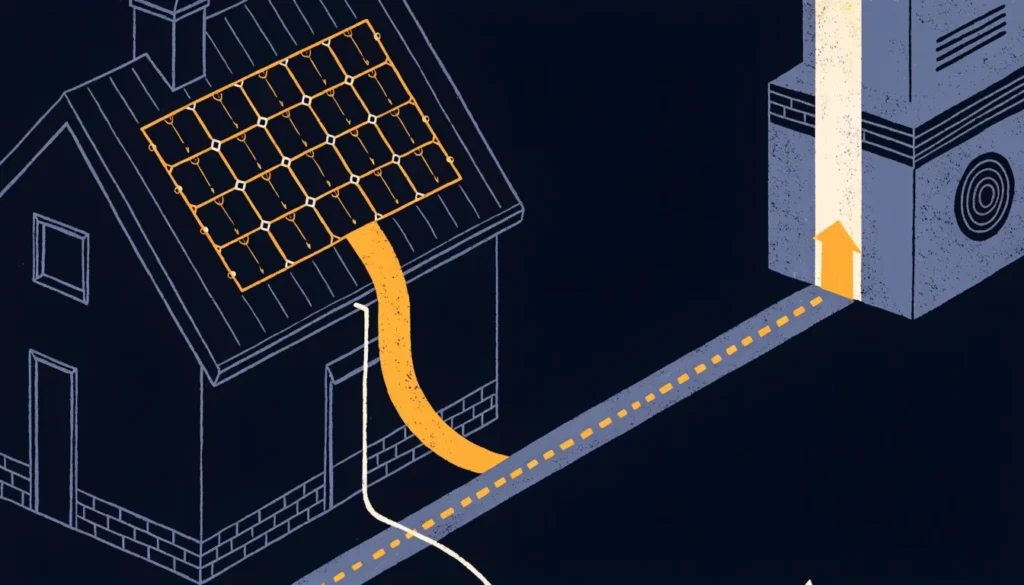 Illustrasjon av et hus med solceller som sender strøm tilbake til nettet
