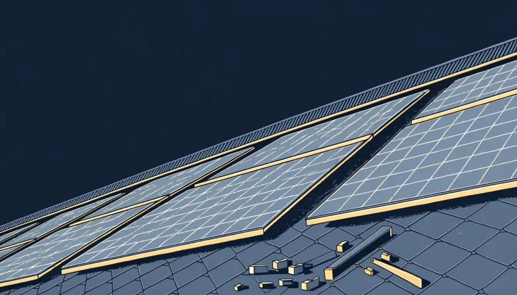 Illustrasjon av rader med solcellepanel på et hustak