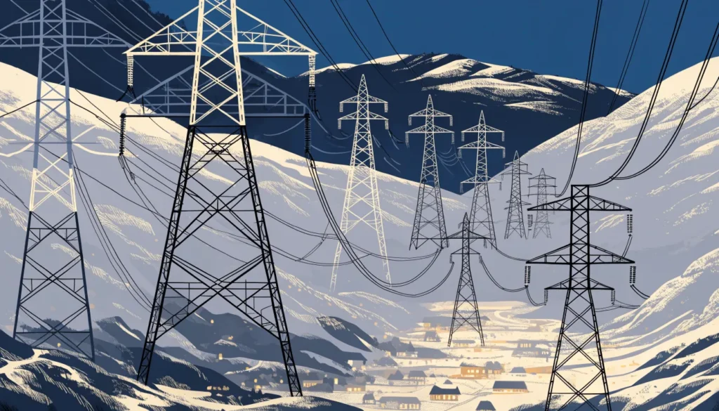 Illustrasjon av høyspentmaster gjennom snødekte norske fjell i skumringen