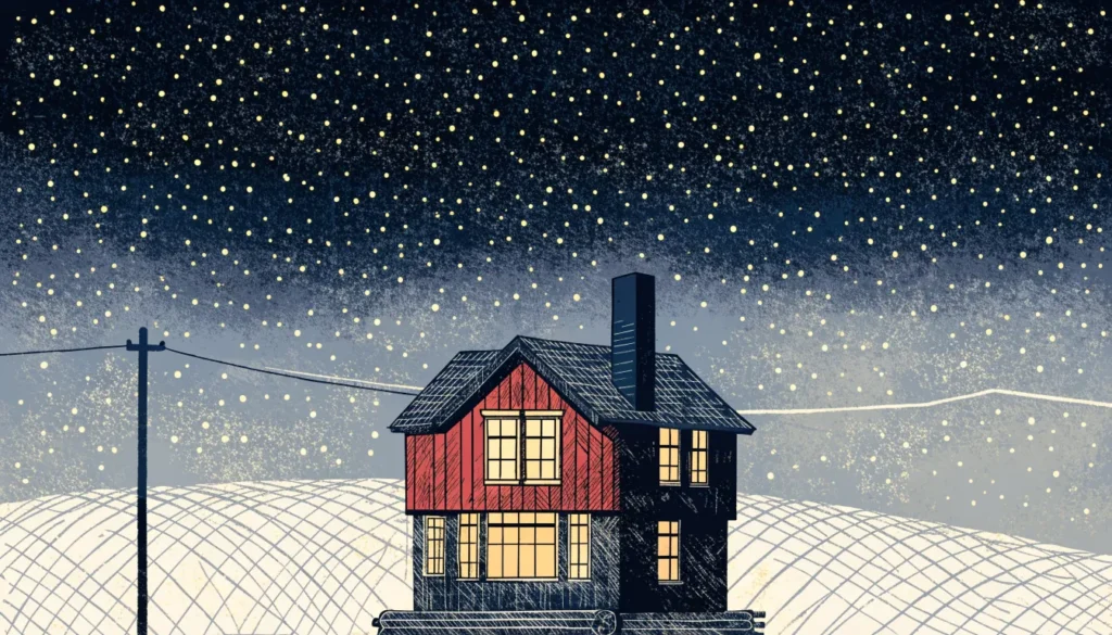 Illustrasjon av et rødt trehus om natten med lys i vinduene og én rett strømlinje inn til huset