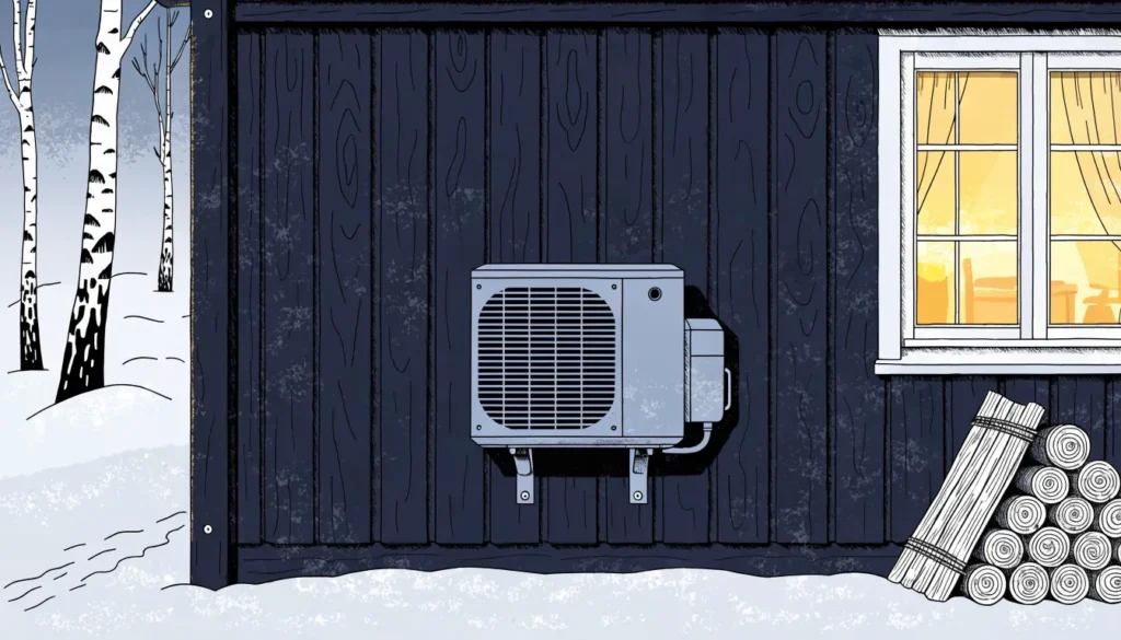 Illustrasjon av utedelen til en luft-til-luft-varmepumpe på veggen av et trehus om vinteren