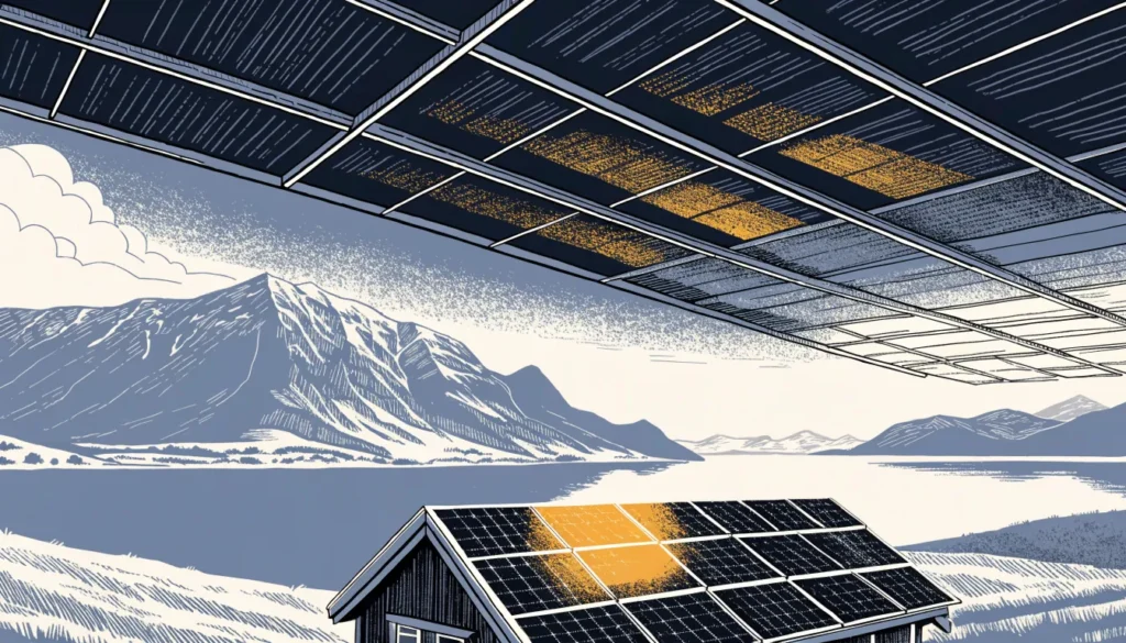 Illustrasjon av solcellepanel på taket av et hus ved en fjord i lav sommersol
