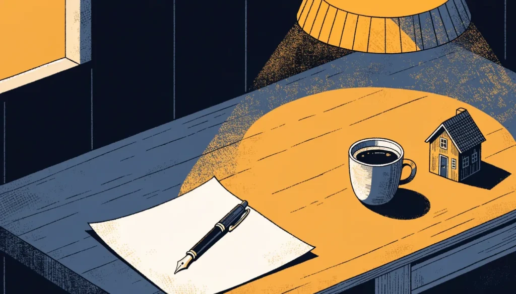 Illustrasjon av et kjøkkenbord med et dokument, fyllepenn, kaffekopp og et lite trehus